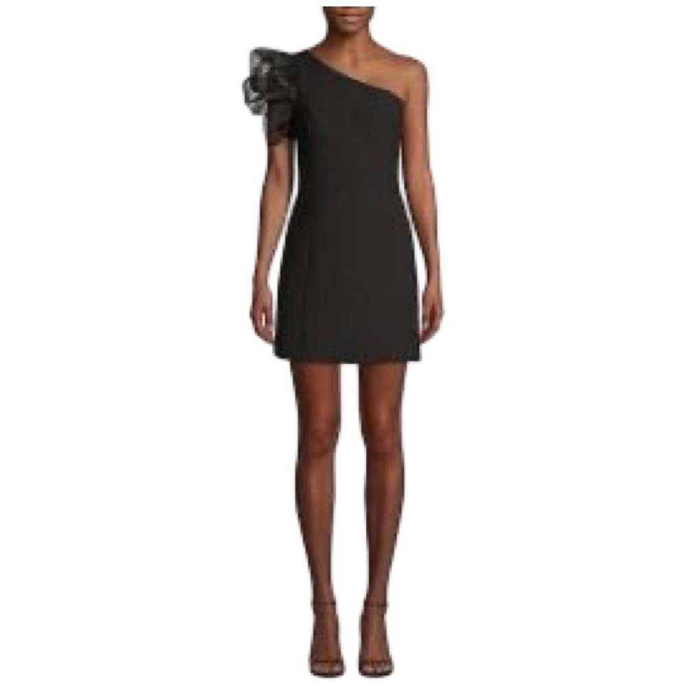 Likely Black One Shoulder Mini Dress Sheer Organza Ruffle Sleeve Size 2 Cocktail